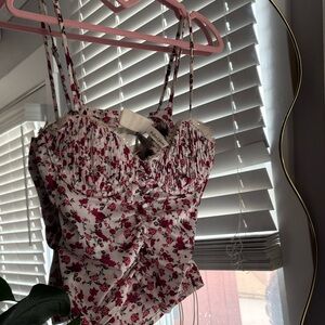 For Love & Lemons White Pink Floral Ruched Bustier Camisole